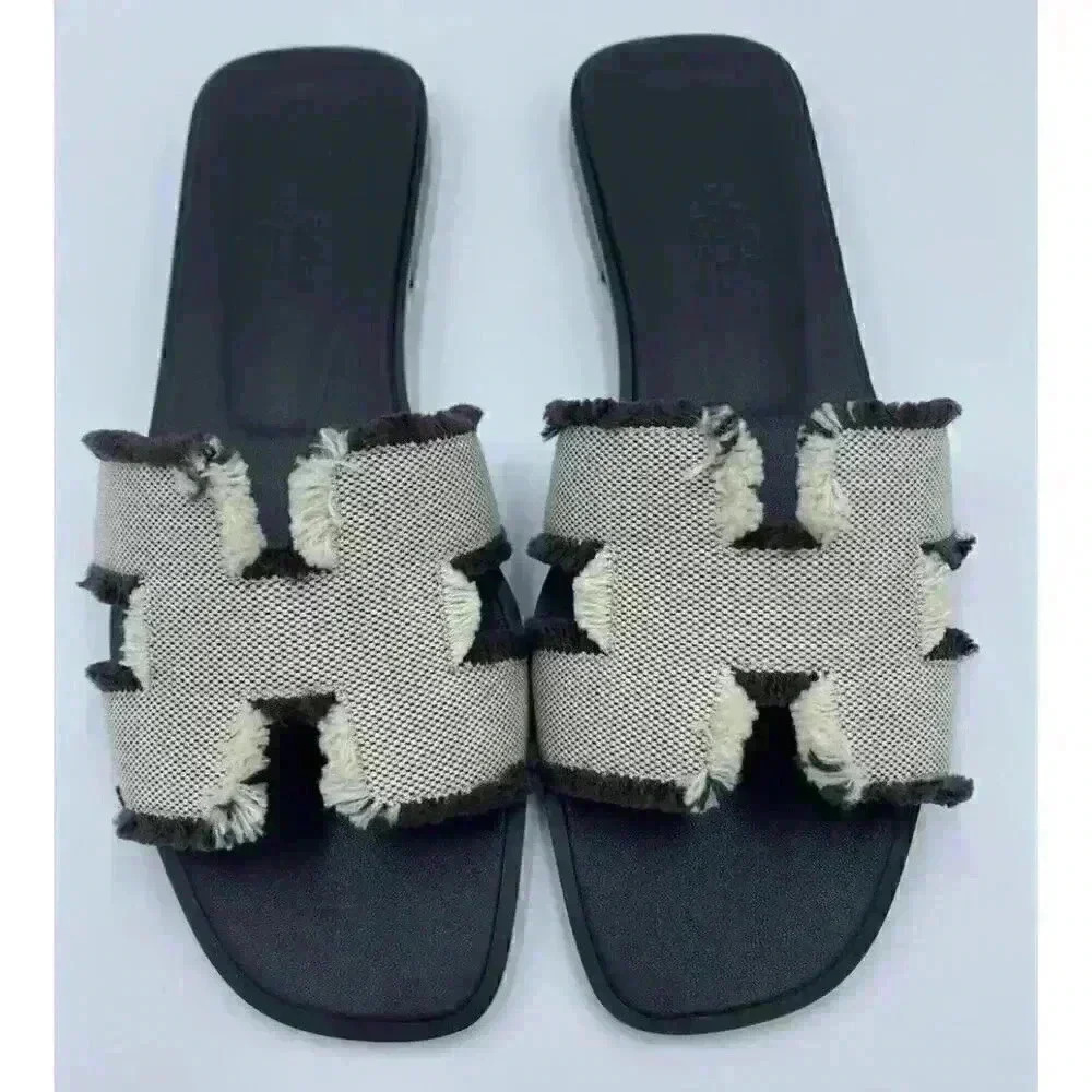 Hermes Oran Sandal Fringed Denim Slides Brown White 36.5 6.5 H Cut Out Leather - Picture 6 of 12